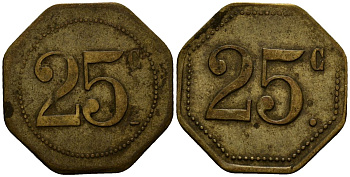 Франция 25 сантимов XIX-XX век ресторанный жетон латунь 4166-553