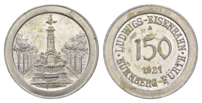 Нюрнберг - Фюрт 150 пфеннигов 1921 юбилейный жетон железной дороги - художественный фонтан Men05 19217.2, Men18 24057.2 алюминий aUNC 4638-332