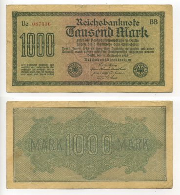 ГЕРМАНИЯ 1000 МАРОК 1922 15 СЕНТЯБРЯ 1922, ВОДЯНОЙ ЗНАК I, ЖЕЛТАЯ БУМАГА, СЕРИЯ ВВ Pick 76b, Rosenberg 75d бумага 7217-34-1