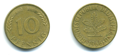 ФРГ 10 ПФЕННИГОВ 1966 D KM 108, J.383 сталь плакированная латунью 89-1723