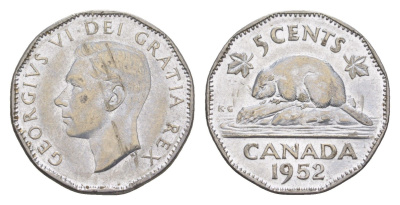 Канада 5 центов 1952 бобр Dot, Георг VI (1936-1952) KM 42a хромированная сталь aUNC 4651-338