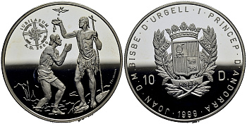 Андорра 10 динеров 1999 серия миллениум, крещение Иисуса Христа KM 158 серебро PROOF 11-152-35