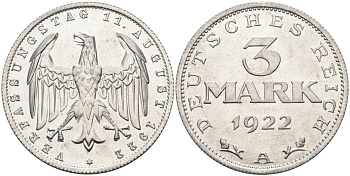 Германия 3 марки 1922 A, третья годовщина Веймарской Конституции KM 29, J.303 алюминий UNC 4587-241