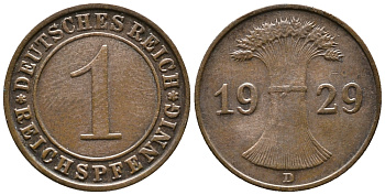 ГЕРМАНИЯ 1 РЕЙХСПФЕННИГ 1929 D KM 37, J. 313 бронза 39-1032