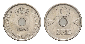 Норвегия 10 эре 1949 Хокон VII (1905-1957) KM 383 медно-никель UNC 4632-1137
