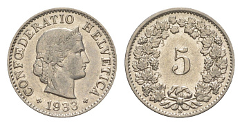 Швейцария 5 раппенов 1933 B KM 26 медно-никель 4630-1212