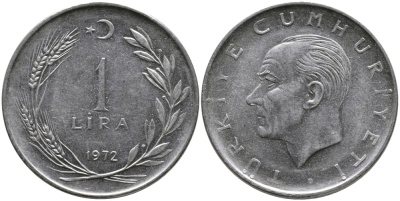 Турция 1 лира 1972 Мустафа Кемаль Ататюрк KM 889а.2 нержавеющая сталь 4364-4424