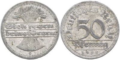 ГЕРМАНИЯ 50 ПФЕННИГОВ 1922 G KM 27, J. 301, Weege 10 алюминий 4551-1225