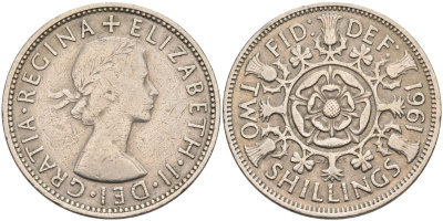 Великобритания 2 шиллинга (флорин) 1961 Елизавета II (1952-2022) KM 906, Spink 4146 медно-никель 4593-816