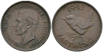 Великобритания 1 фартинг 1947 Георг VI (1936-1952) KM 843, Spink 4116 бронза 08-1438