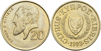 Кипр 20 центов 1993 KM 62.2 никель латунь 4140-834
