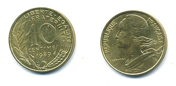 Франция 10 сантимов 1989 тип Marianne KM 929, le Franc 144.29 алюминиевая бронза 84-1637