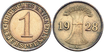 ГЕРМАНИЯ 1 РЕЙХСПФЕННИГ 1928 A KM 37, J. 313, Weege 2 бронза 4547-127