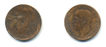 ИТАЛИЯ 10 ЧЕНТЕЗИМО 1926 R ВИКТОР ЭММАНУИЛ KM 60 медь 80-1214