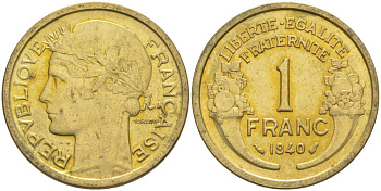 Франция 1 франк 1940 тип Морлон KM 885, LE FRANC 219.11 алюминиевая бронза 3853-213