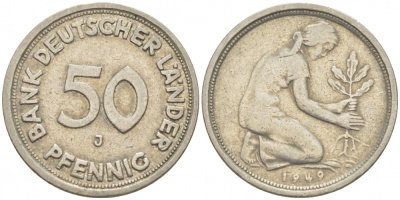 ФРГ 50 пфеннигов 1949 J KM 104, J. 379 медно-никель 112-946
