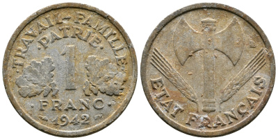 ФРАНЦИЯ 1 ФРАНК 1942 LB, ТИП LOURDЕ, ПРАВИТЕЛЬСТВО ВИШИ KM 902.1, LE FRANC 222.2 алюминий 51-4124