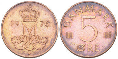 Дания 5 эре 1976 S; B, Маргрете II (1972- ) KM 859.1 железо плакированное медью 3996-1047