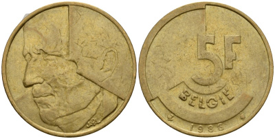 Бельгия 5 франков 1986 Belgie, Бодуэн I (1951-1993) KM 164 алюминиевая бронза 4601-232