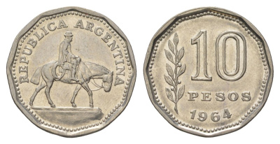 Аргентина 10 песо 1964 Гаучо KM 60 сталь плакированная никелем aUNC 4628-927