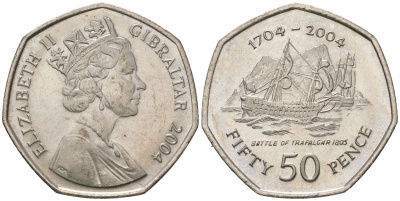 Гибралтар 50 пенсов 2004 300 лет захвату Гибралтара. 200 лет Трафальгарскому сражению KM 1050 медно-никель UNC 4620-135