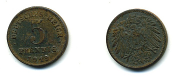 ГЕРМАНИЯ 5 ПФЕННИГОВ 1919 F KM 19, J. 297 железо 54-421