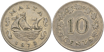 Мальта 10 центов 1972 баржа Великого магистра KM 11 медно-никель 82-341