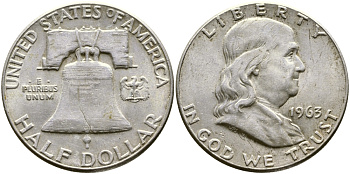 США 1/2 ДОЛЛАРА ( 50 ЦЕНТОВ ) 1963 ФРАНКЛИН, КОЛОКОЛ KM 199 серебро 58-714