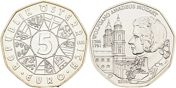 Австрия 5 евро 2006 250 лет со дня рождения Вольфганга Амадея Моцарта, Зальцбургский кафедральный собор KM 3131 серебро UNC 01-164-42