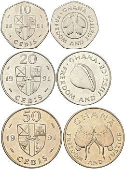 Гана набор из 3 монет (10, 20 и 50 седи) 1991 барабаны KM 29, 30 и 31 медно-никель, сталь плакированная никелем UNC 4612-836-837