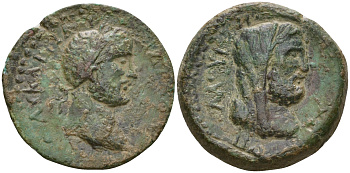 Римская Империя, Провинция Киликия, Флавиополь AE 152 - 153 Антонин Пий, бюст императора / бюст Зевса (Кроноса ?) (Very rare) RPC IV online 5802 бронза 1100-6-82