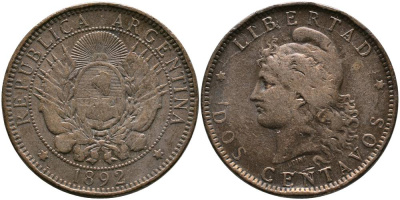 Аргентина 2 сентаво 1892 голова свободы влево KM 8 бронза 4531-1125