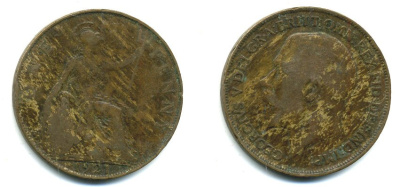 Великобритания 1 пенни 1921 Георг V (1910-1936) KM 810, Spink 4051 бронза 41-535