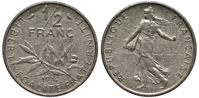 ФРАНЦИЯ 1/2 ФРАНКА 1974 СЕЯТЕЛЬ KM 931.1, LE FRANC 198.13 никель 4390-745
