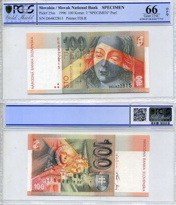 Словакия 100 крон 1996 образец, Specimen, перфорация, в слабе PCGS 66 Gem UNC Pick 25 as бумага UNC (пресс) 452-1-94