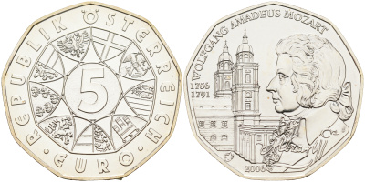 Австрия 5 евро 2006 250 лет со дня рождения Вольфганга Амадея Моцарта, Зальцбургский кафедральный собор KM 3131 серебро UNC 01-164-42
