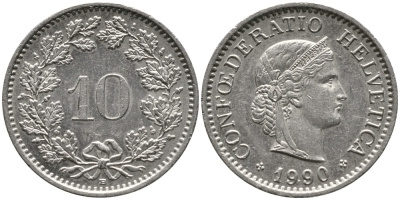 ШВЕЙЦАРИЯ 10 РАППЕНОВ 1990 В KM 27 медно-никель 4539-532