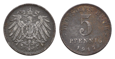 Германия 5 пфеннигов 1917 A KM 19, Jager 297, Weege 5 железо 4674-818