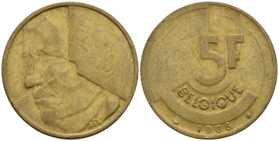 Бельгия 5 франков 1986 Belgique, Бодуэн I (1951-1993) KM 163 алюминиевая бронза 4601-155