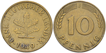 ФРГ 10 ПФЕННИГОВ 1949 J KM 103, J. 378 сталь плакированная латунью 4182-732