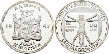 Замбия 2000 квача 1997 серия мировая история, Леонардо да Винчи, Витрувианский человек KM 152 серебро PROOF 04-317-42