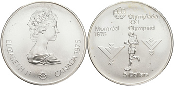 Канада 5 долларов 1975 XXI летние Олимпийские игры в Монреале 1976 года, марафон KM 98 серебро UNC 1525-442