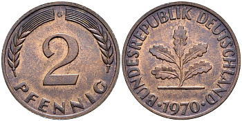 ФРГ 2 ПФЕННИГА 1970 G KM 106a, Jager 381a сталь плакированная сталь плакированная медьюю 4546-1013