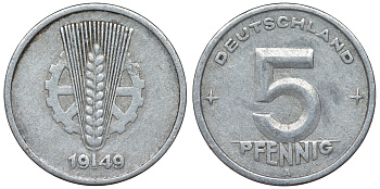 ГДР 5 пфеннигов 1949 A KM 2 алюминий 4119-832