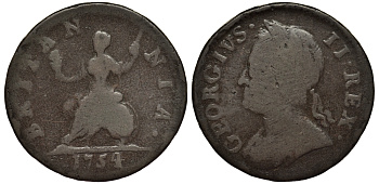 Великобритания 1 фартинг 1754 Георг II (1727-1760) KM 581.2, Spink 3722 медь 1529-335