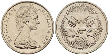 АВСТРАЛИЯ 5 ЦЕНТОВ 1977 ЕЛИЗАВЕТА II, МОЛОДОЙ ПОРТРЕТ, ЕХИДНА KM 64 медно-никель 100-1231
