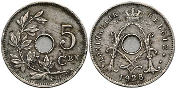 БЕЛЬГИЯ 5 САНТИМОВ 1928 BELGIE, АЛЬБЕРТ I (1909-1934) KM 67 медно-никель 27-114