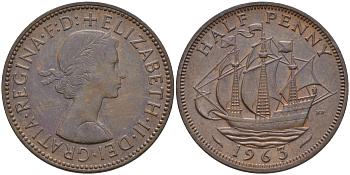 Великобритания 1/2 пенни 1963 Елизавета II (1952-2022) KM 896, Spink 4158 бронза 4592-417