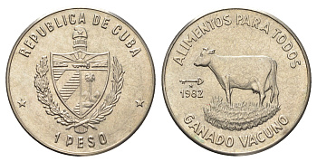 Куба 1 песо 1982 ФАО - Корова KM 95 медно-никель BU 4667-634