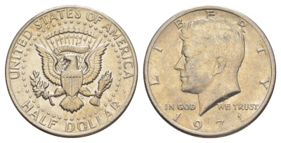 США 1/2 доллара (50 центов) 1971 Джон Кеннеди KM 202b медь плакированная медно-никелем aUNC 4131-1115